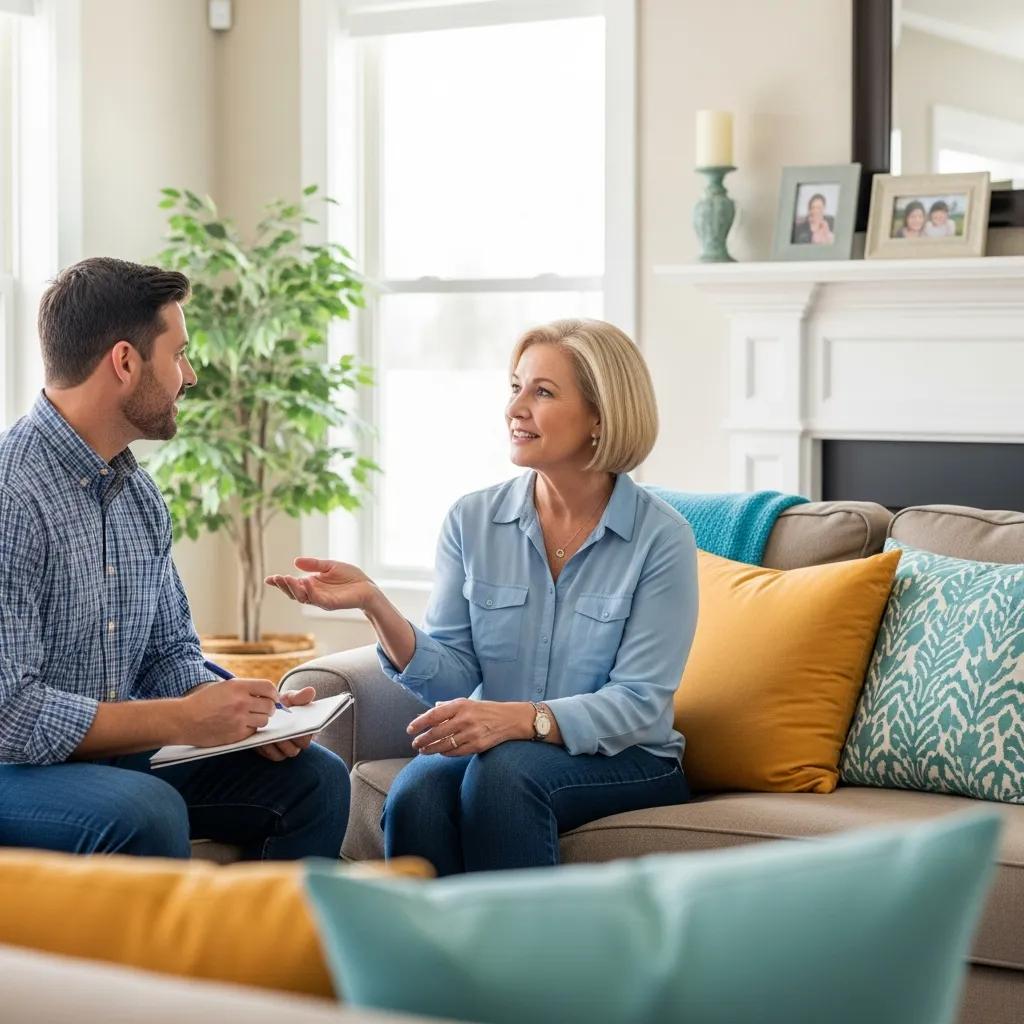 Contractor and homeowner building rapport in a cozy living room