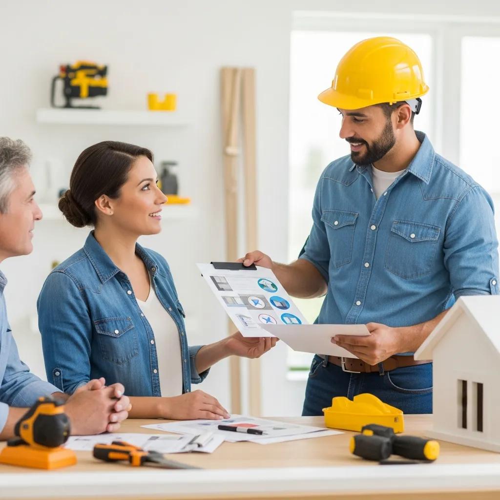 Contractor and homeowner discussing project details in a bright home setting