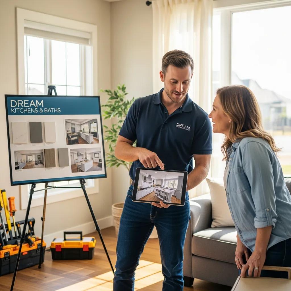 Contractor and homeowner discussing home improvement options, emphasizing rapport and professionalism