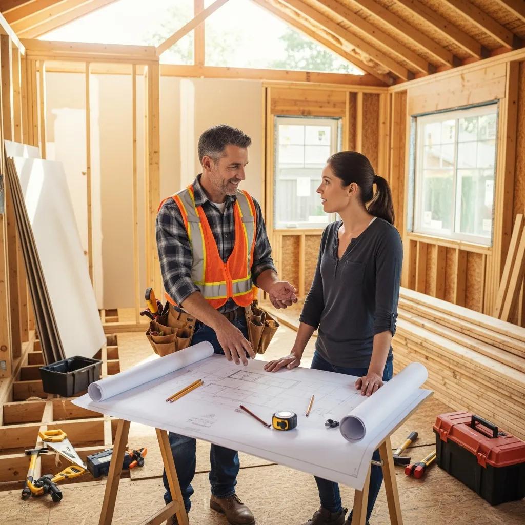 Contractor and homeowner reviewing renovation plans together at a job site