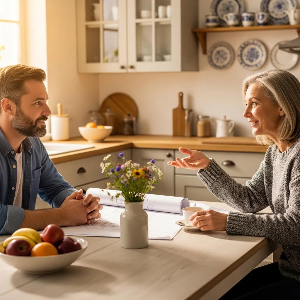 A contractor and homeowner talking at a kitchen table, building trust through thoughtful questions
