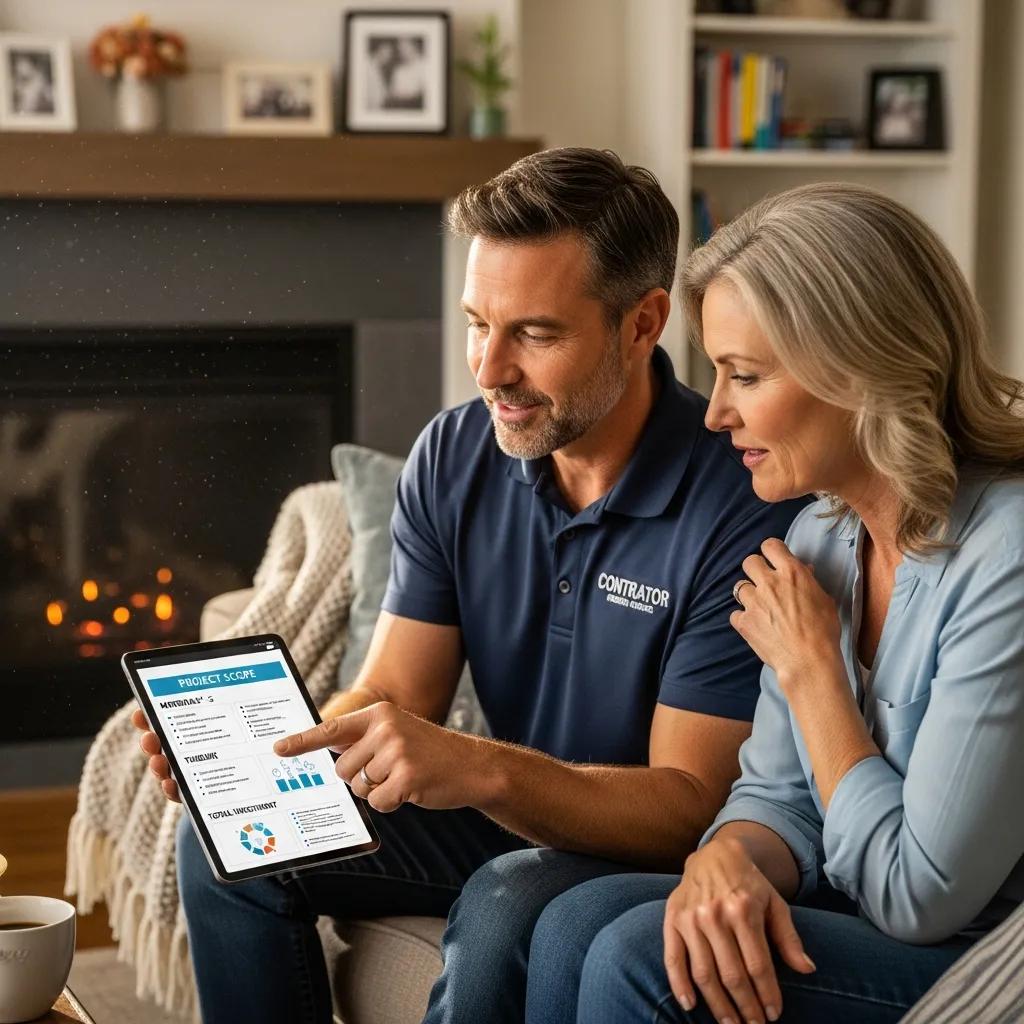 Contractor and homeowner reviewing a concise, one-page proposal on a tablet