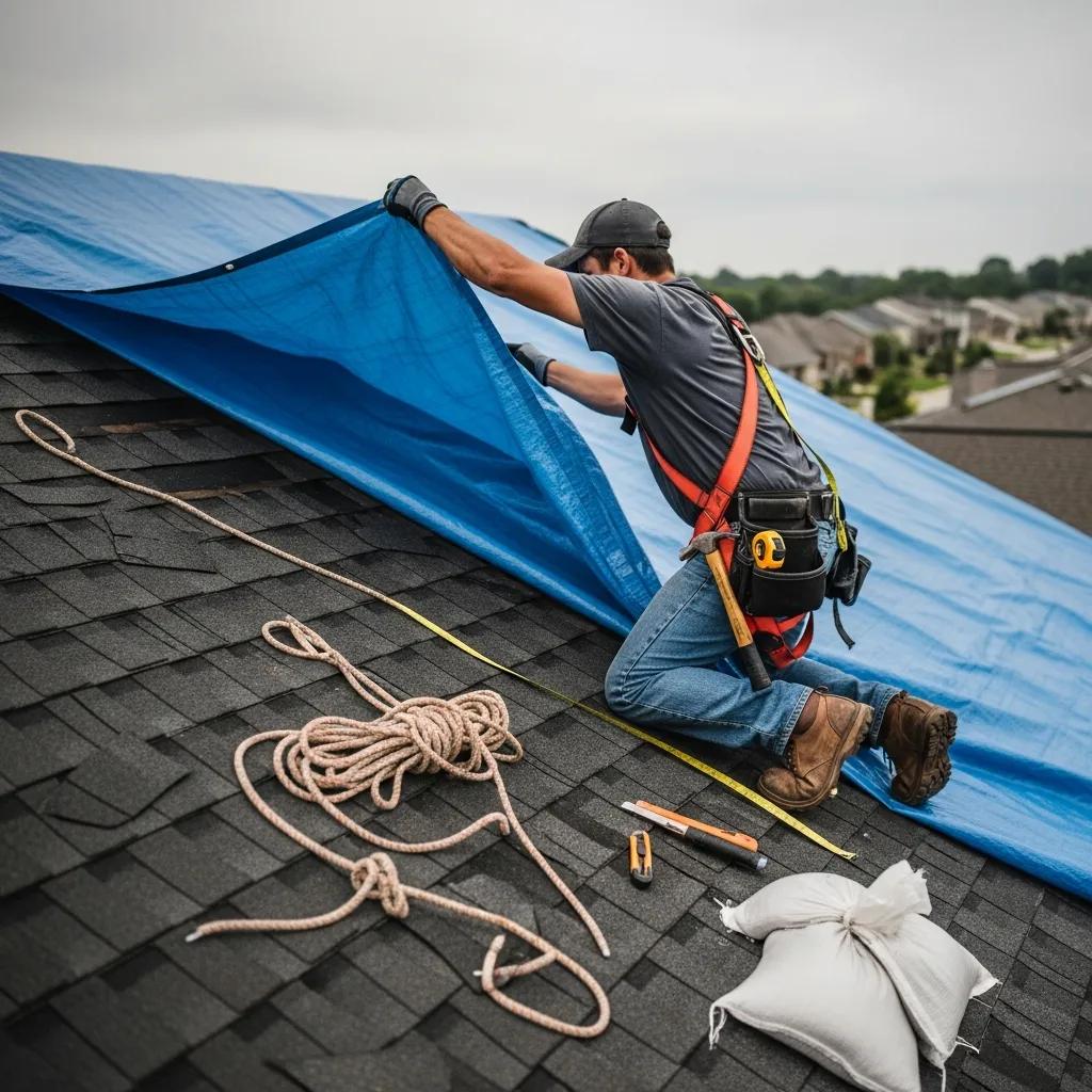 Contractor applying a tarp to a damaged roof for temporary protection