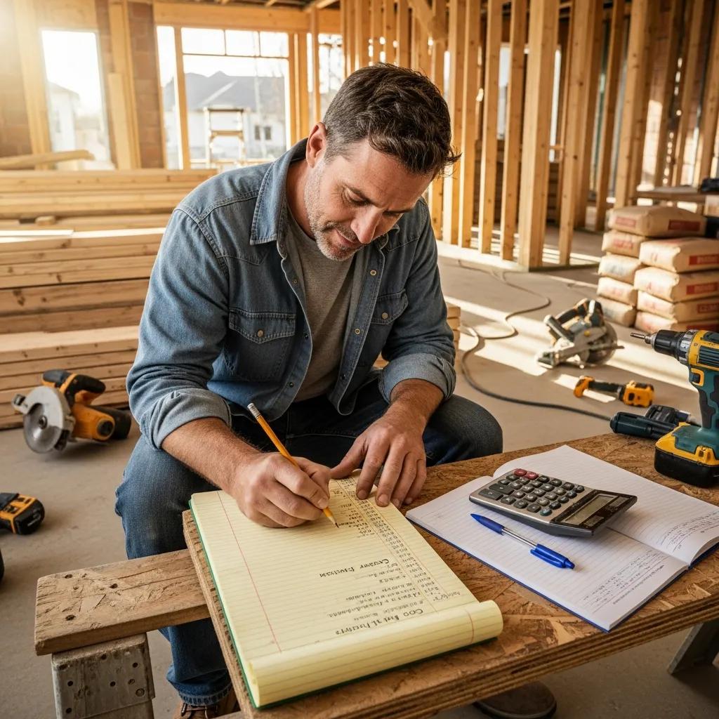 Contractor calculating project costs on site for cost-plus pricing