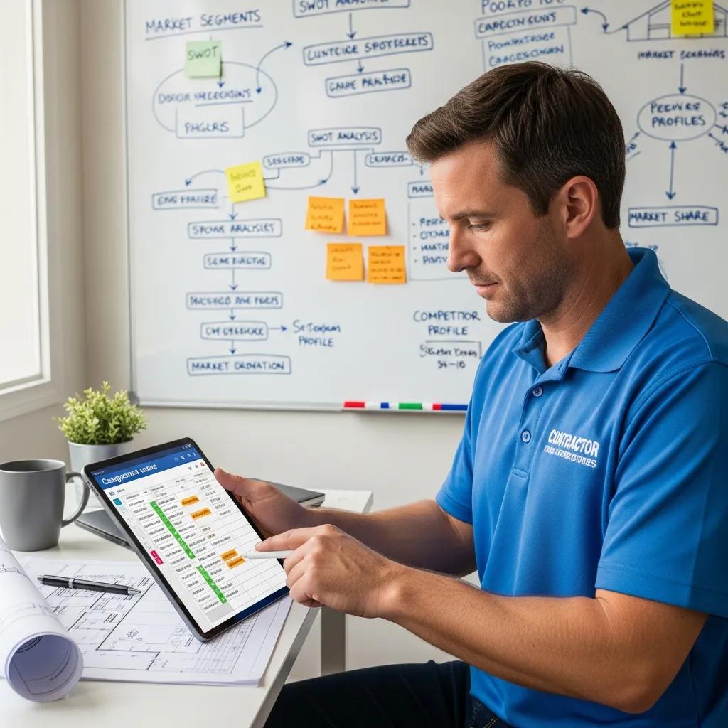 Contractor using a tablet to map competitors and take notes