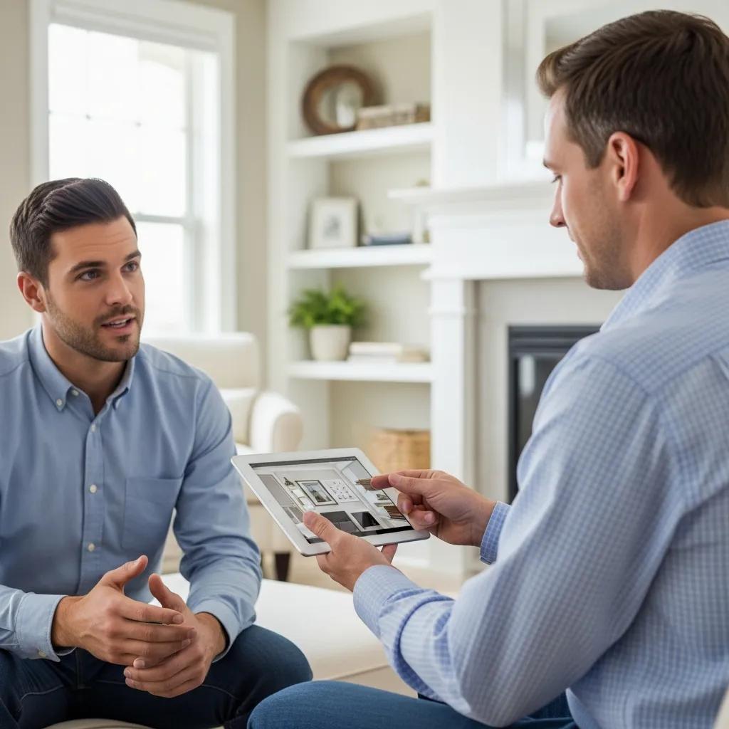 Contractor leading a virtual consult with a homeowner using a tablet to demonstrate digital selling in home improvement