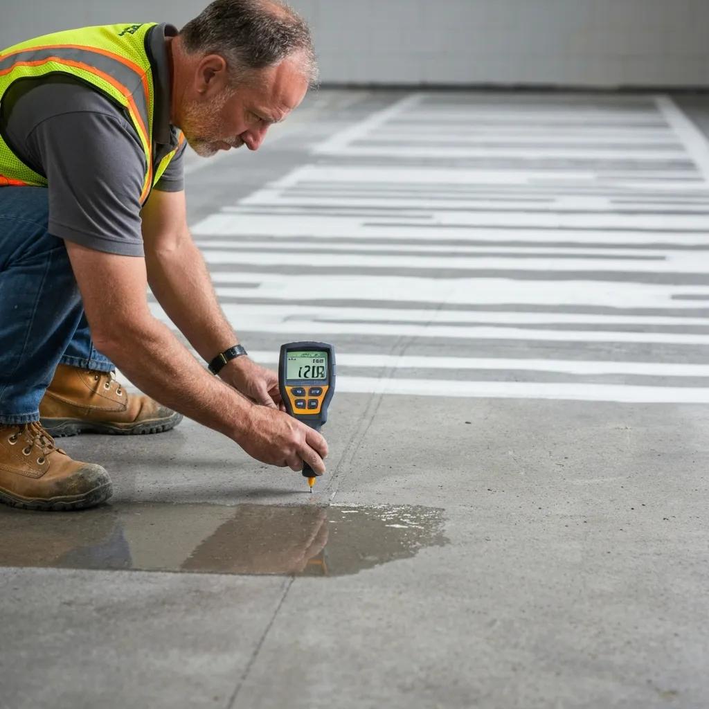 Contractor conducting moisture testing on a concrete slab before epoxy installation