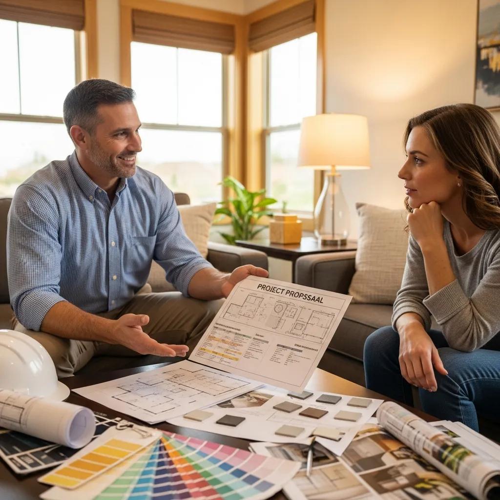 Contractor delivering a confident sales pitch to a homeowner inside a home