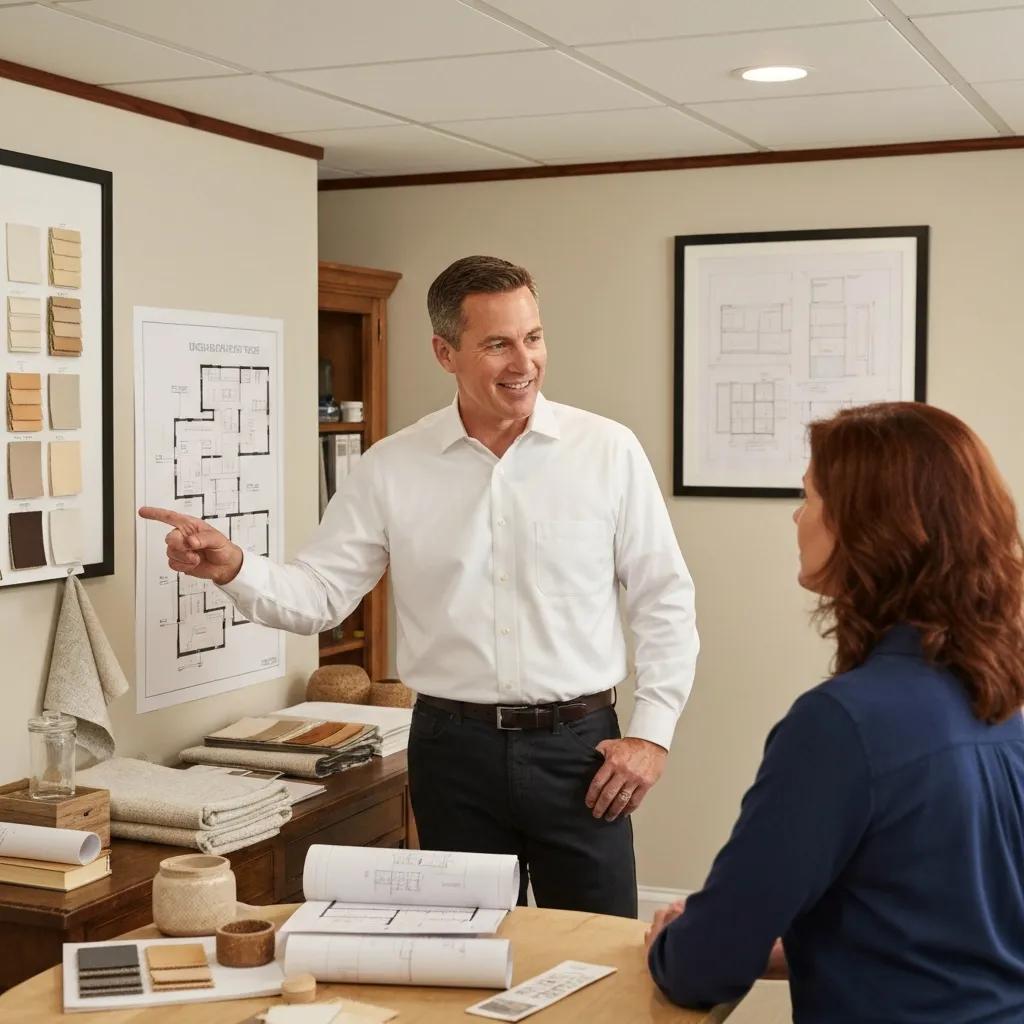 Contractor reviewing basement guest suite plans with homeowner Contractor reviewing basement guest suite plans with homeowner