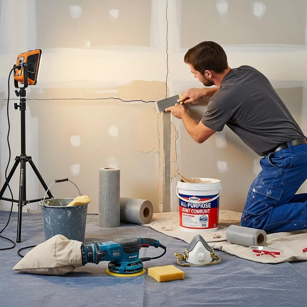 Contractor demonstrating drywall patching techniques with tools