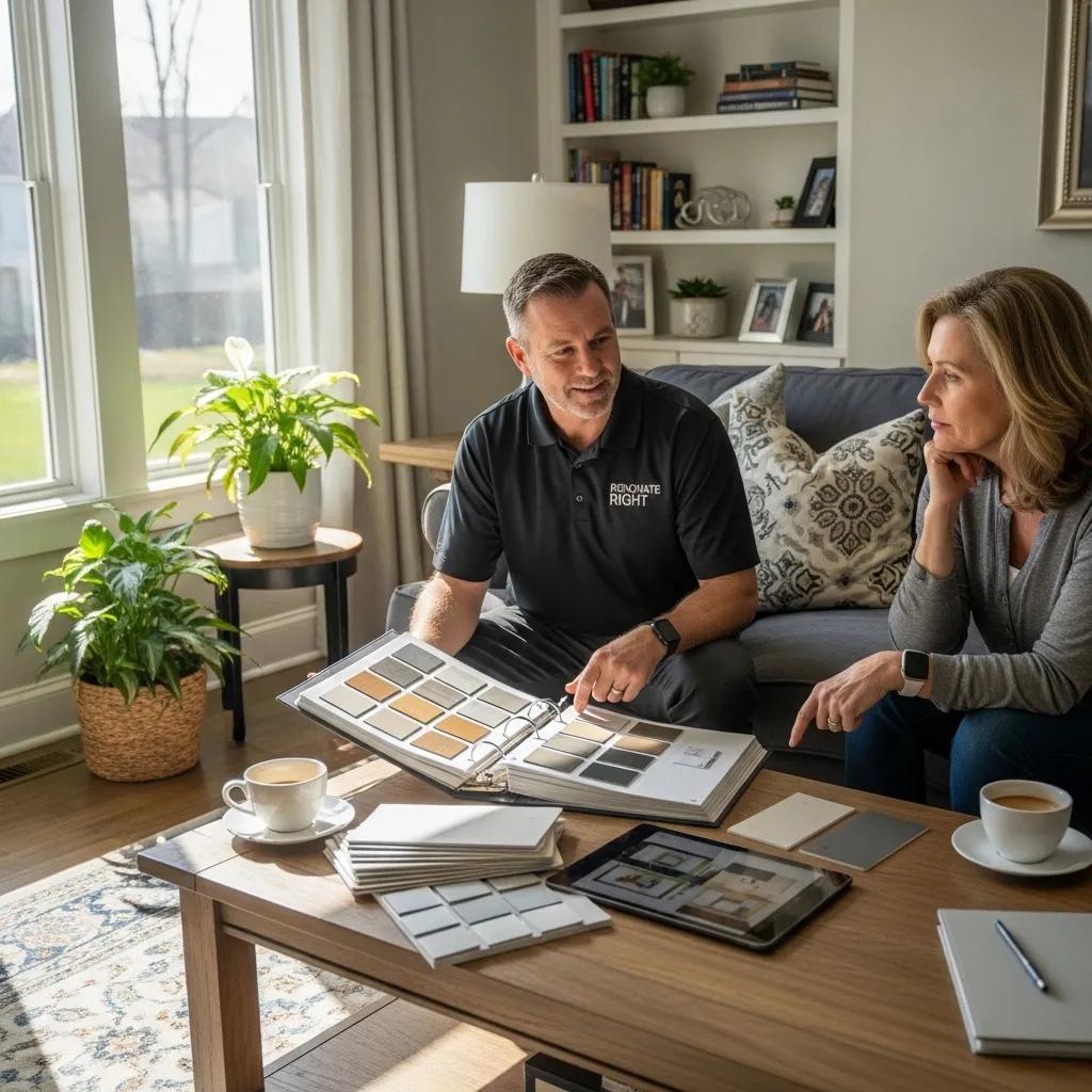 Contractor reviewing project options with a homeowner in a bright living room