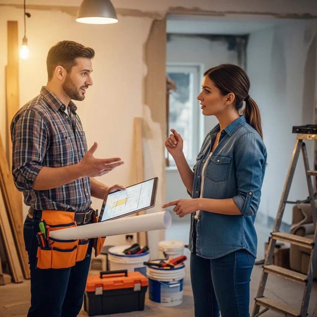 Contractor reviewing a home improvement project with an engaged homeowner