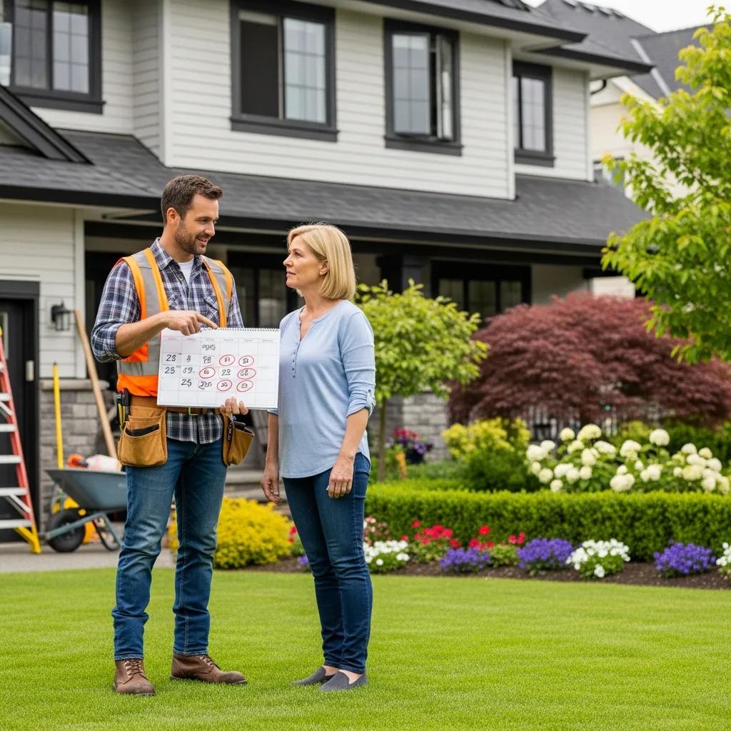 Contractor reviewing timeline and materials with a homeowner outside a house