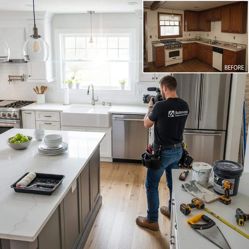 Contractor filming a kitchen renovation before and after