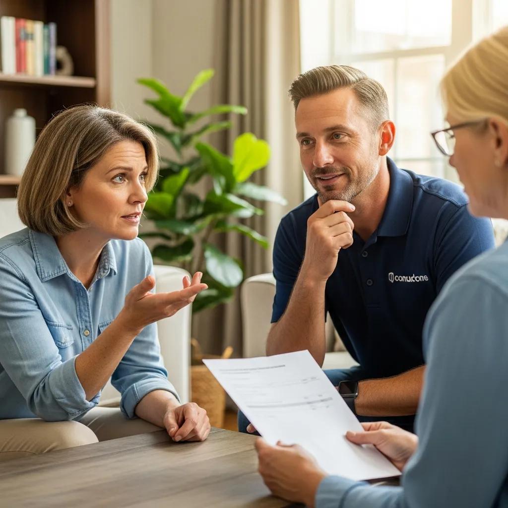 Contractor using active listening to handle homeowner objections inside a house