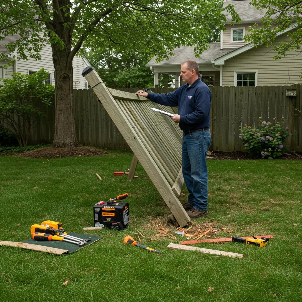 Contractor inspecting a damaged fence in a Long Island backyard
