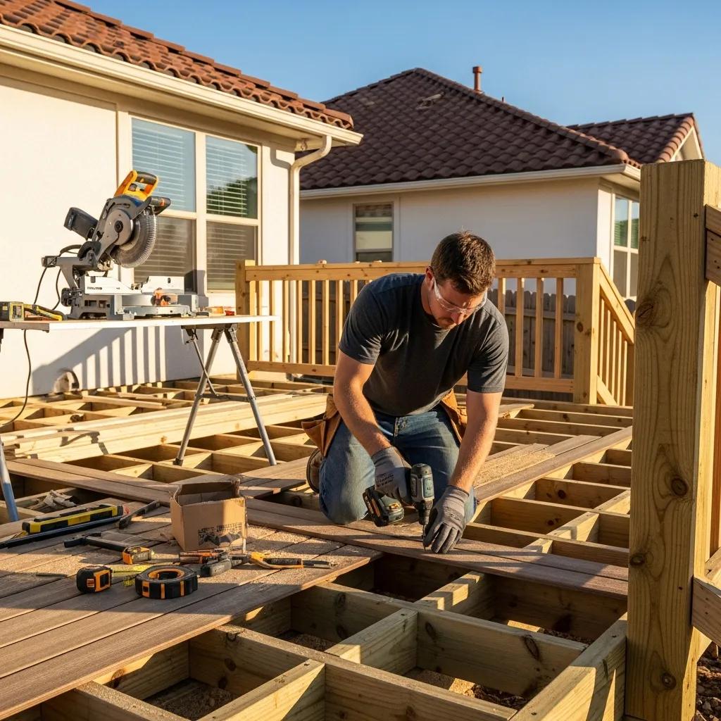 Contractor installing a custom deck in New Braunfels, TX