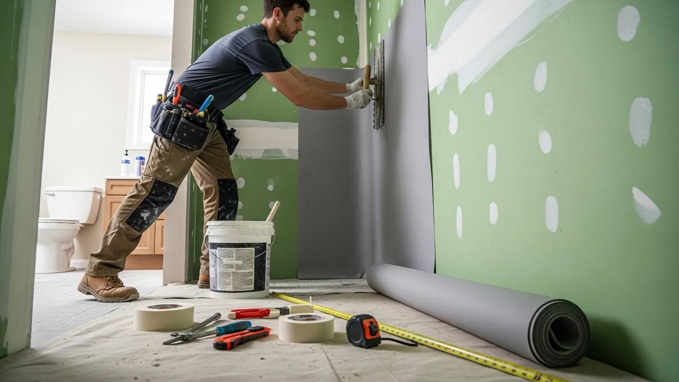 Contractor installing waterproof membrane in a shower, demonstrating proper techniques