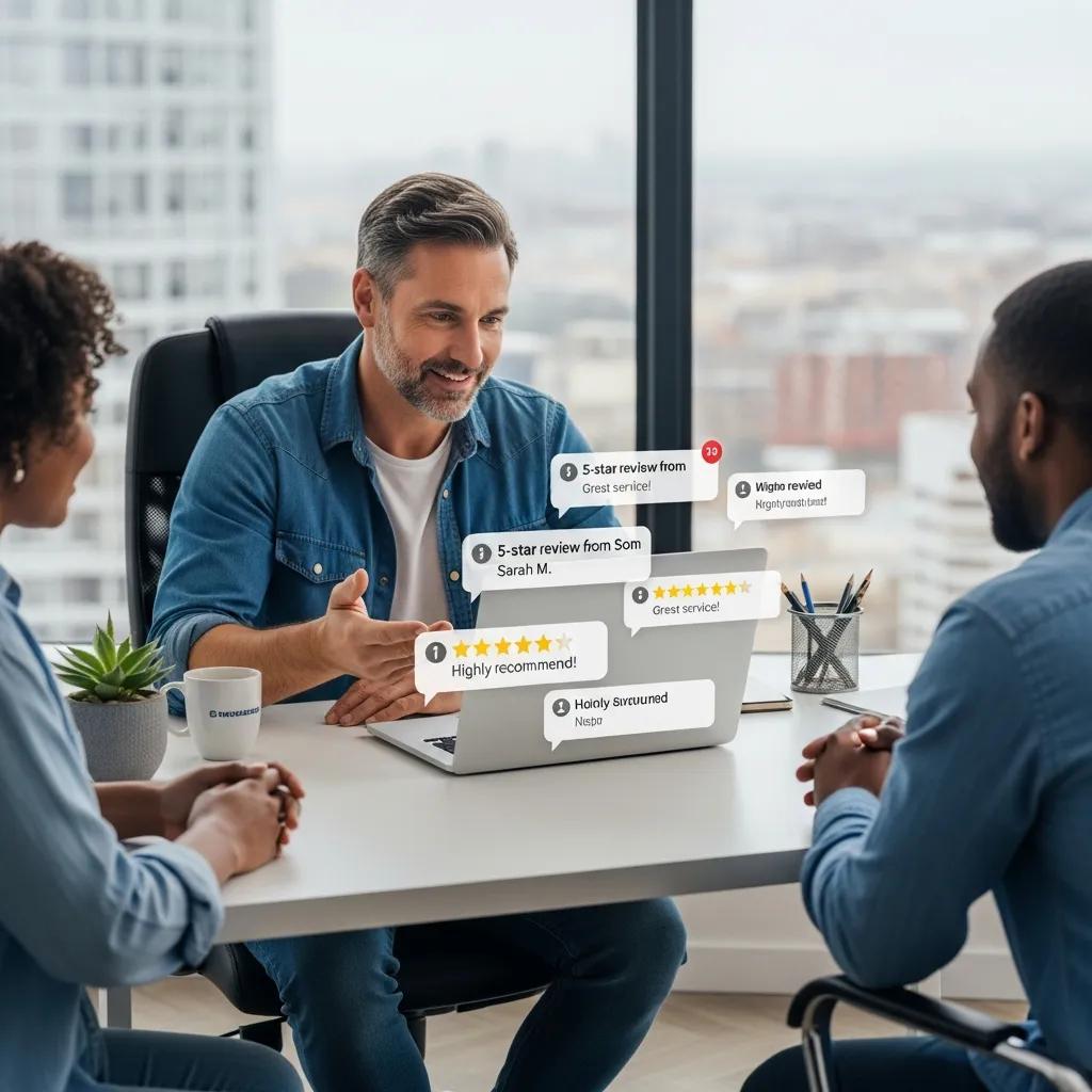 Contractor managing online reviews and reputation on a laptop — digital engagement and professionalism