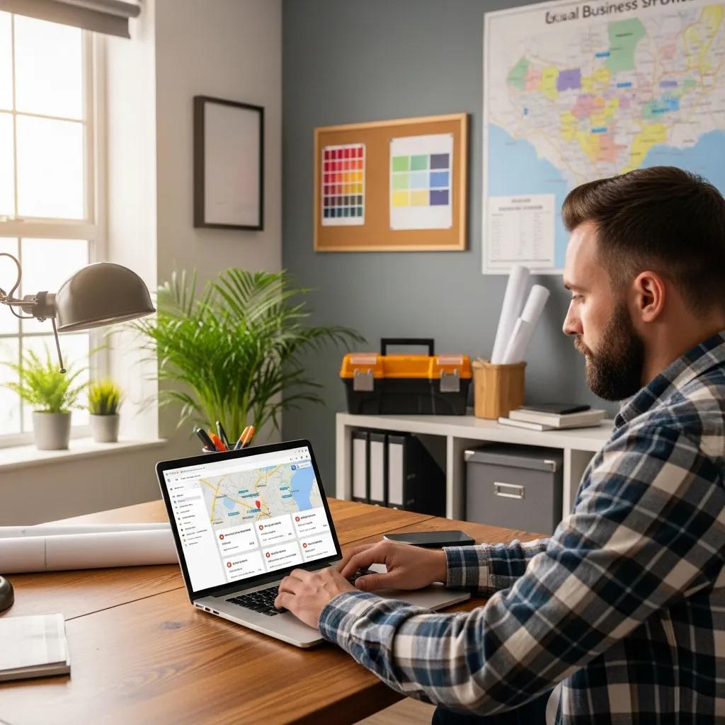Contractor optimizing local SEO on a laptop