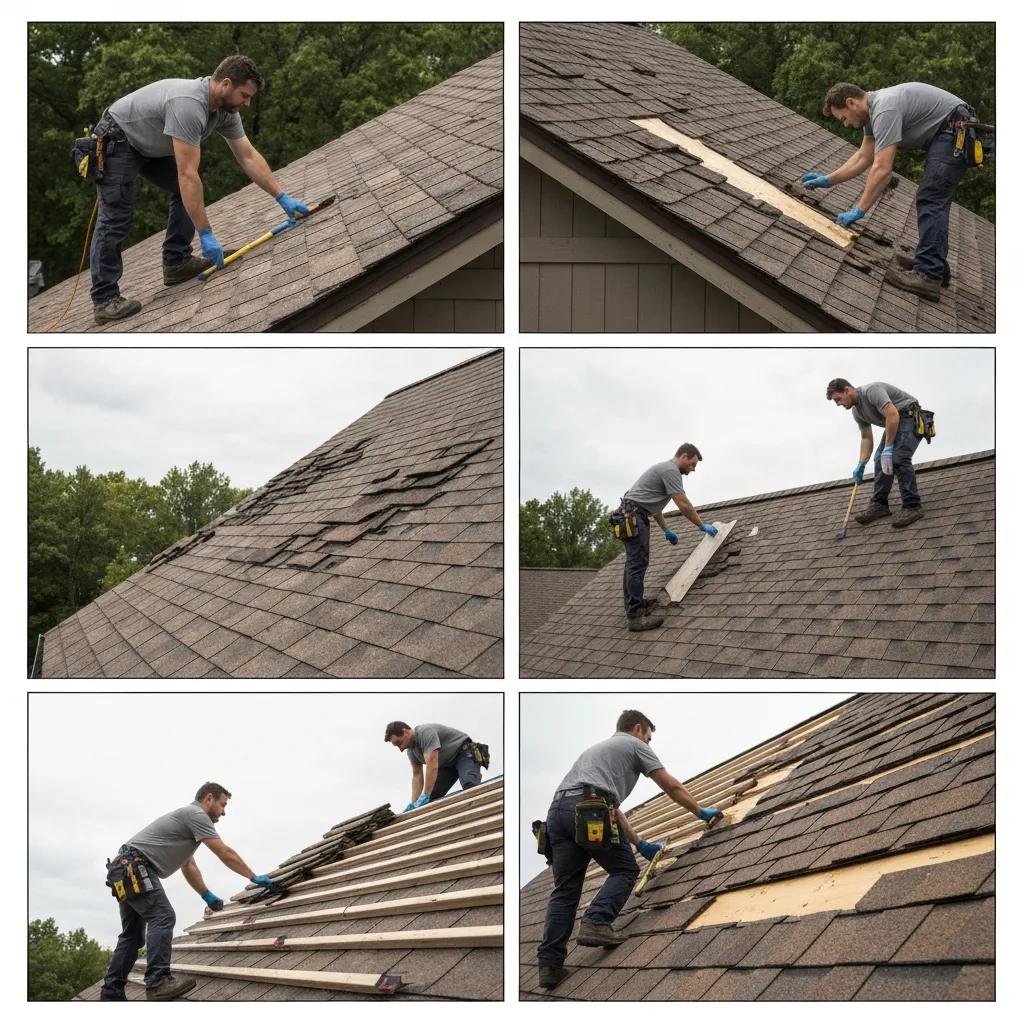 Contractor replacing a wood roof, showing tools and materials during the process
