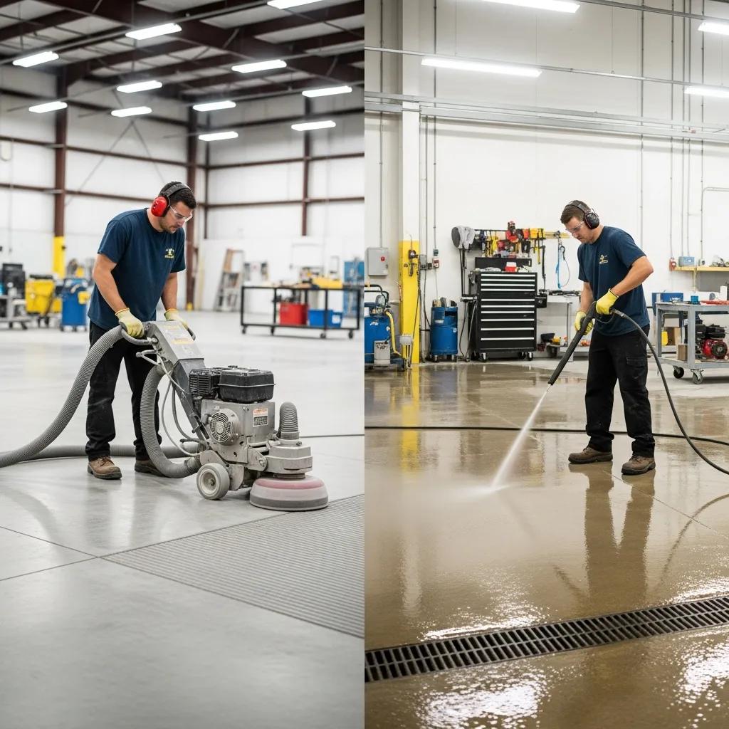 Contractor performing surface preparation techniques for epoxy flooring, including mechanical grinding and pressure washing, in an industrial setting.