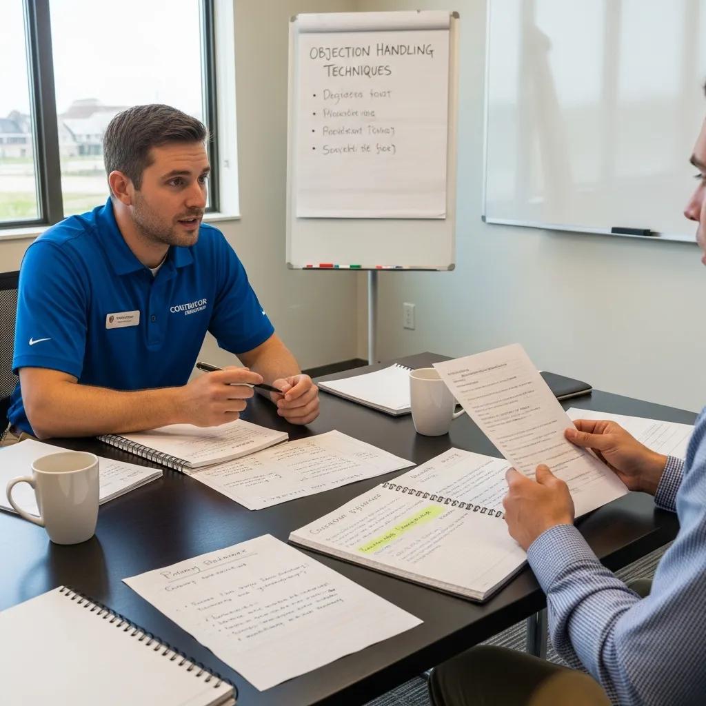 Contractor practicing objection handling techniques in a role-play session