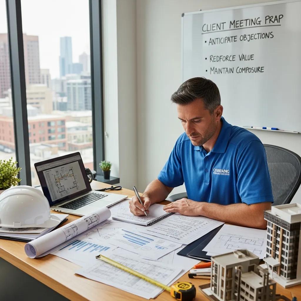 Estimator preparing for a client meeting — focus and mental toughness in sales
