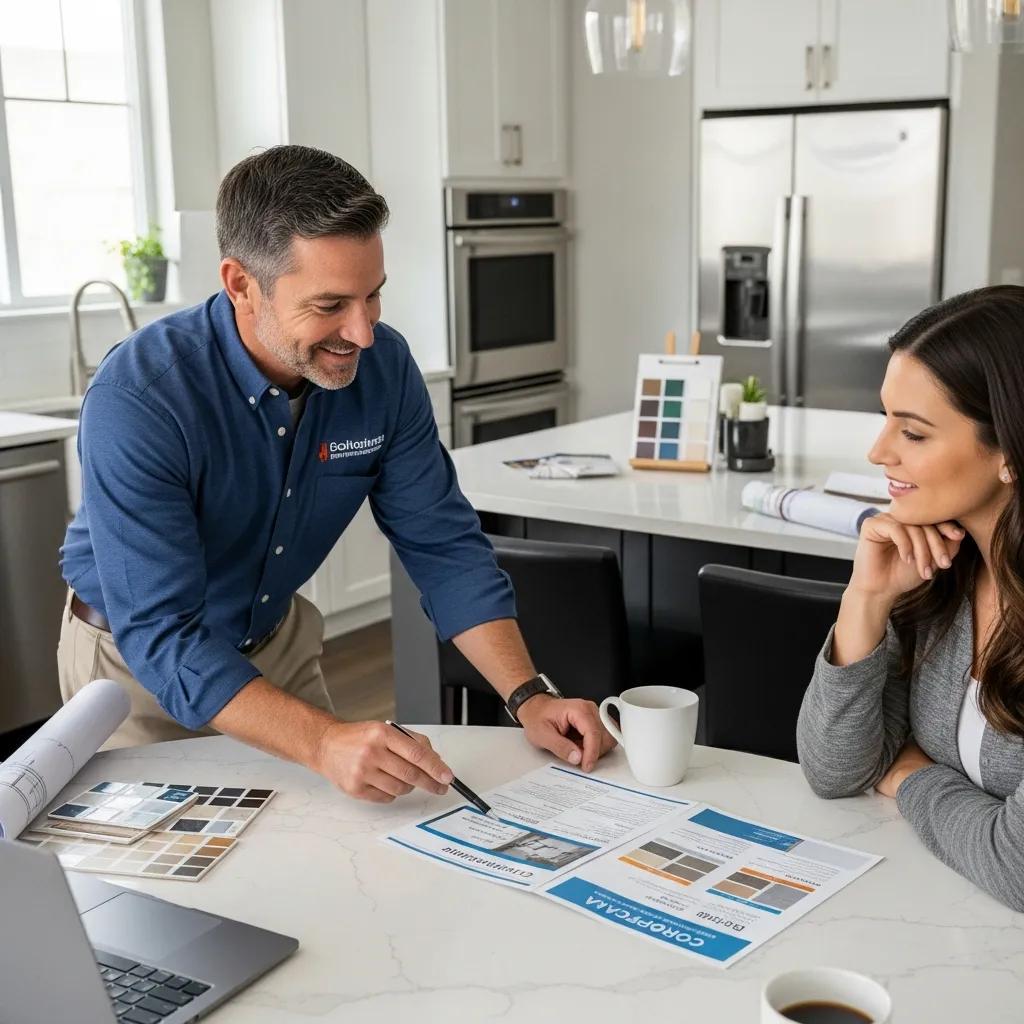 Contractor presenting a closing proposal to a homeowner at a kitchen table