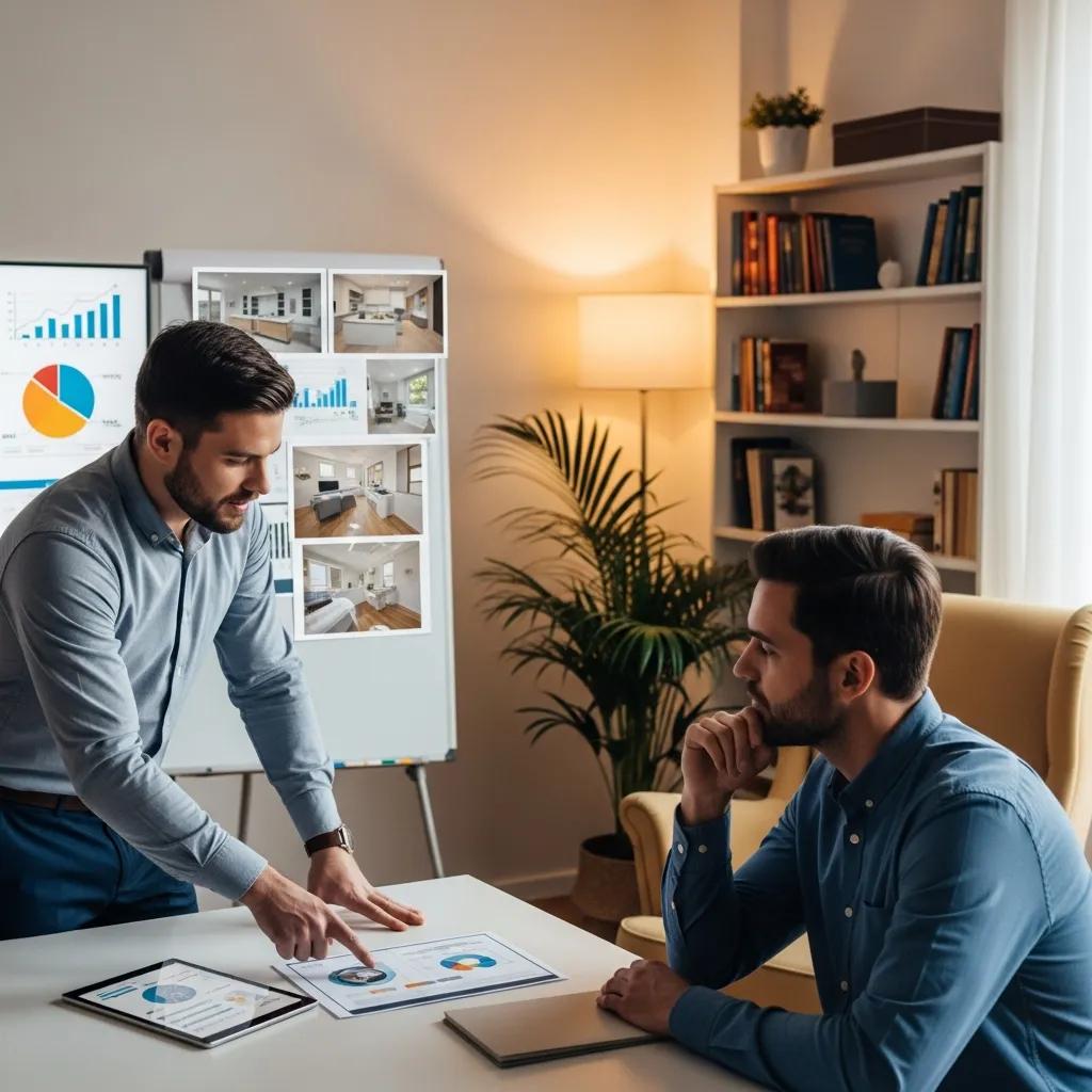 Contractor presenting a project proposal and photos to a homeowner in a comfortable home office
