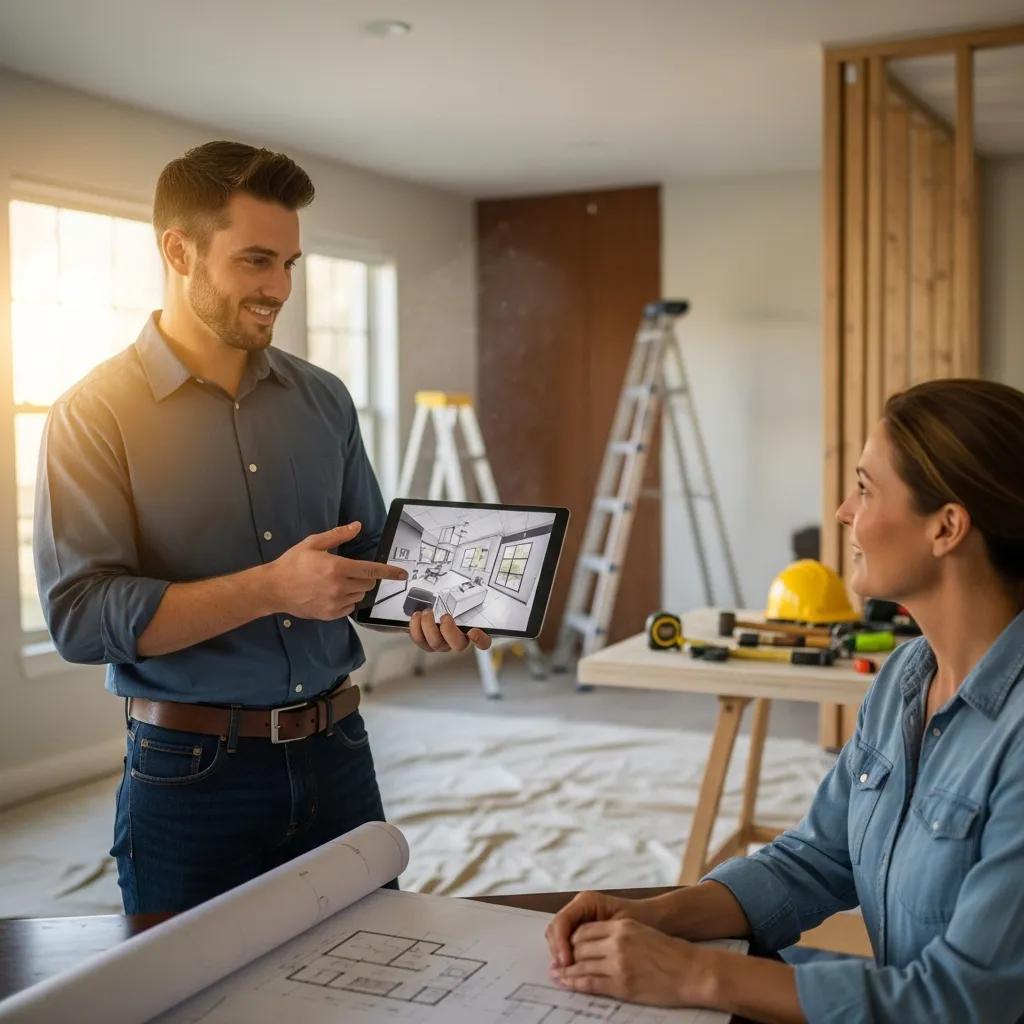 Contractor showing a project proposal to a homeowner — sales motivation in action