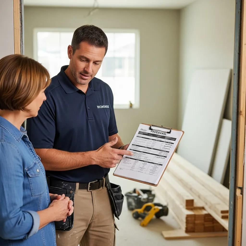 Contractor presenting a clear proposal to a homeowner — demonstrating pricing, proof, and professional delivery