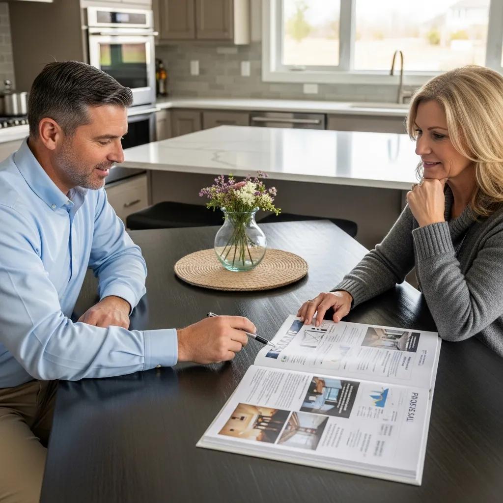 Contractor showing a personalized proposal to a homeowner at a kitchen table