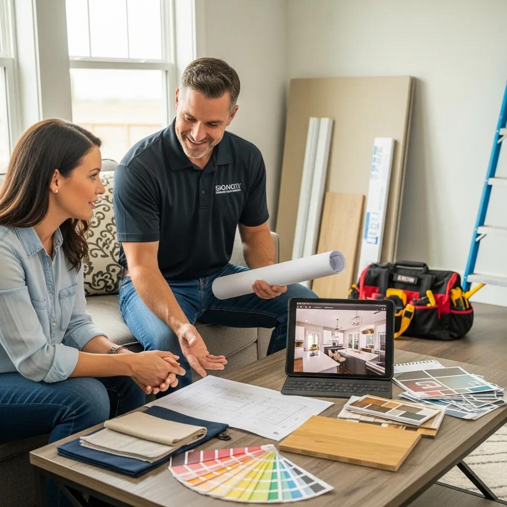 Contractor presenting a clear home improvement proposal to a homeowner in a comfortable living room