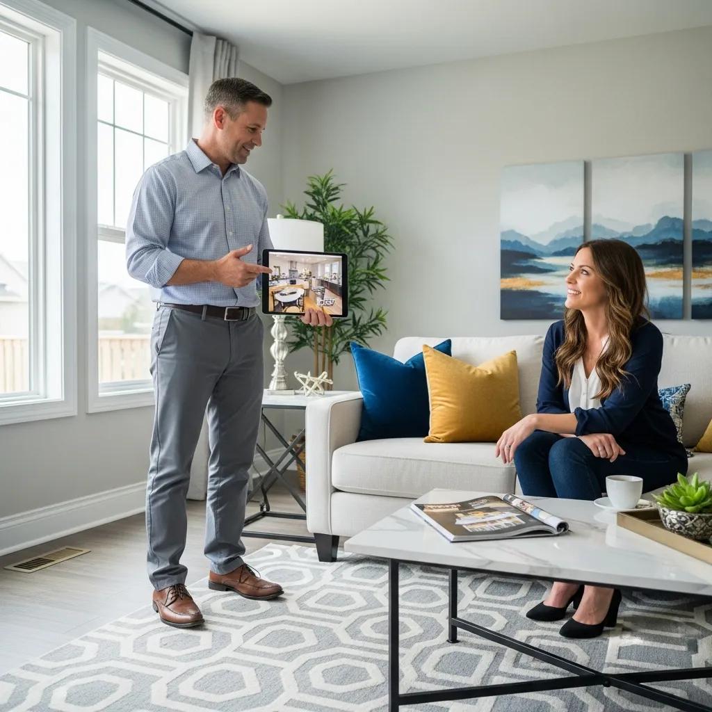 Contractor walking a homeowner through renovation options in a comfortable living room