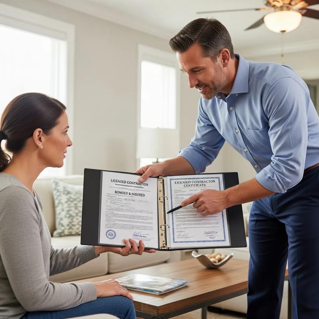 Contractor presenting licensing and insurance documents to a homeowner