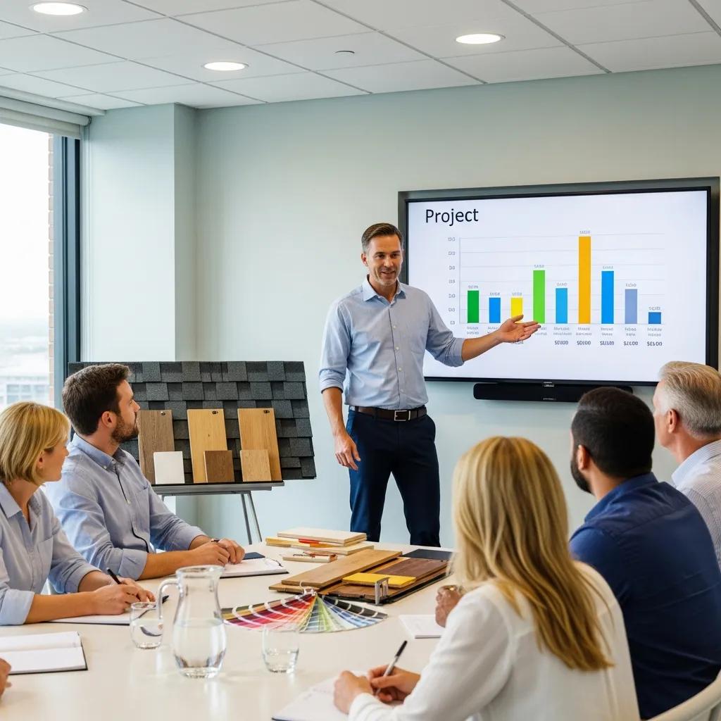 Contractor presenting to homeowners, demonstrating expert presentation skills and professionalism