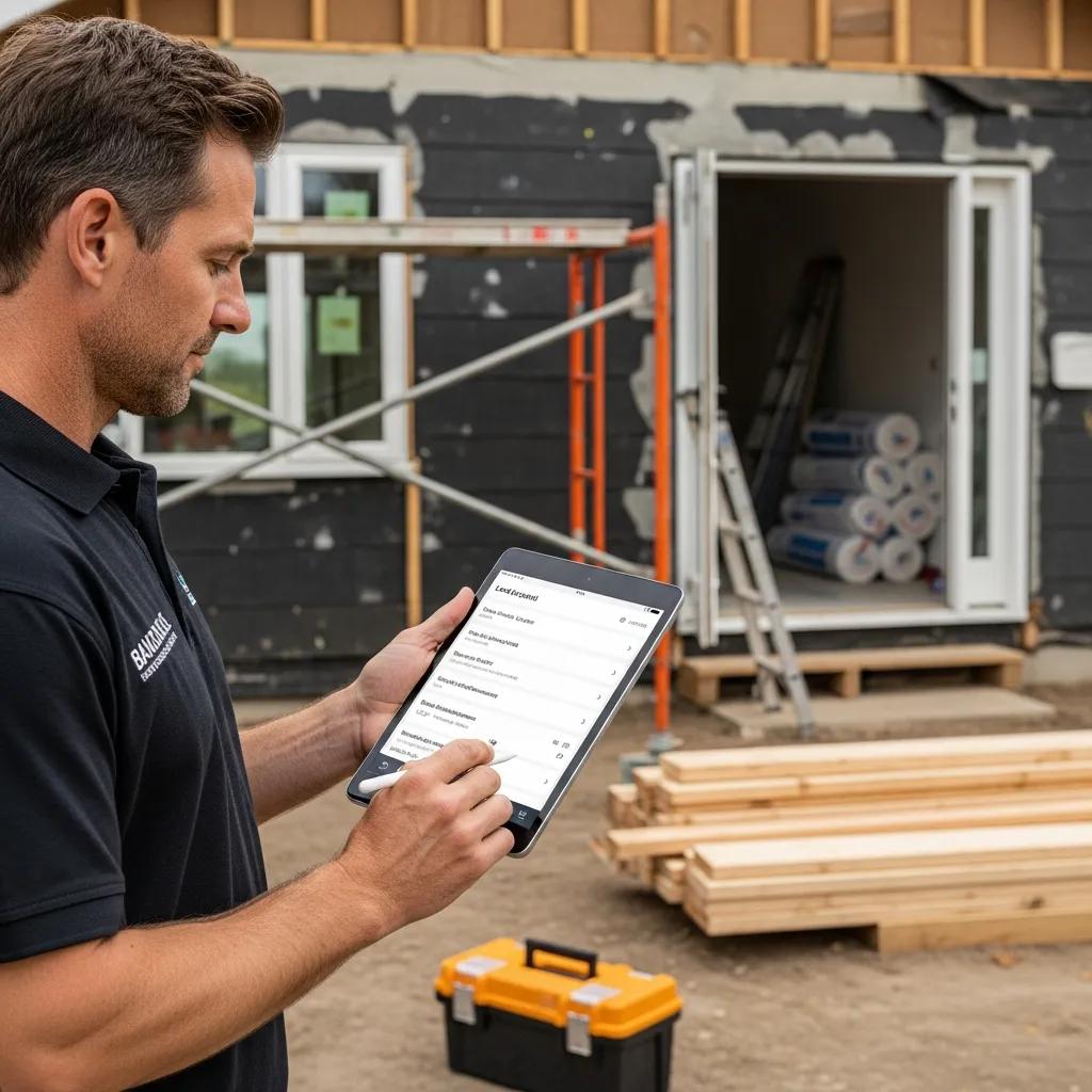 Estimator checking lead details on a tablet at a renovation site — practical lead management in action