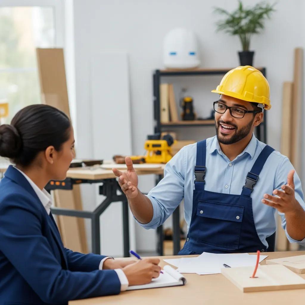 Contractor practicing a role‑play sales conversation on a job site, focused on teamwork and real‑world handling of objections