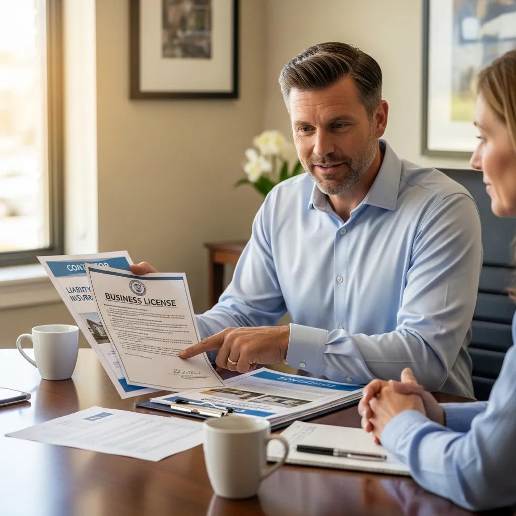 Contractor showing credentials and licensing documents to a client