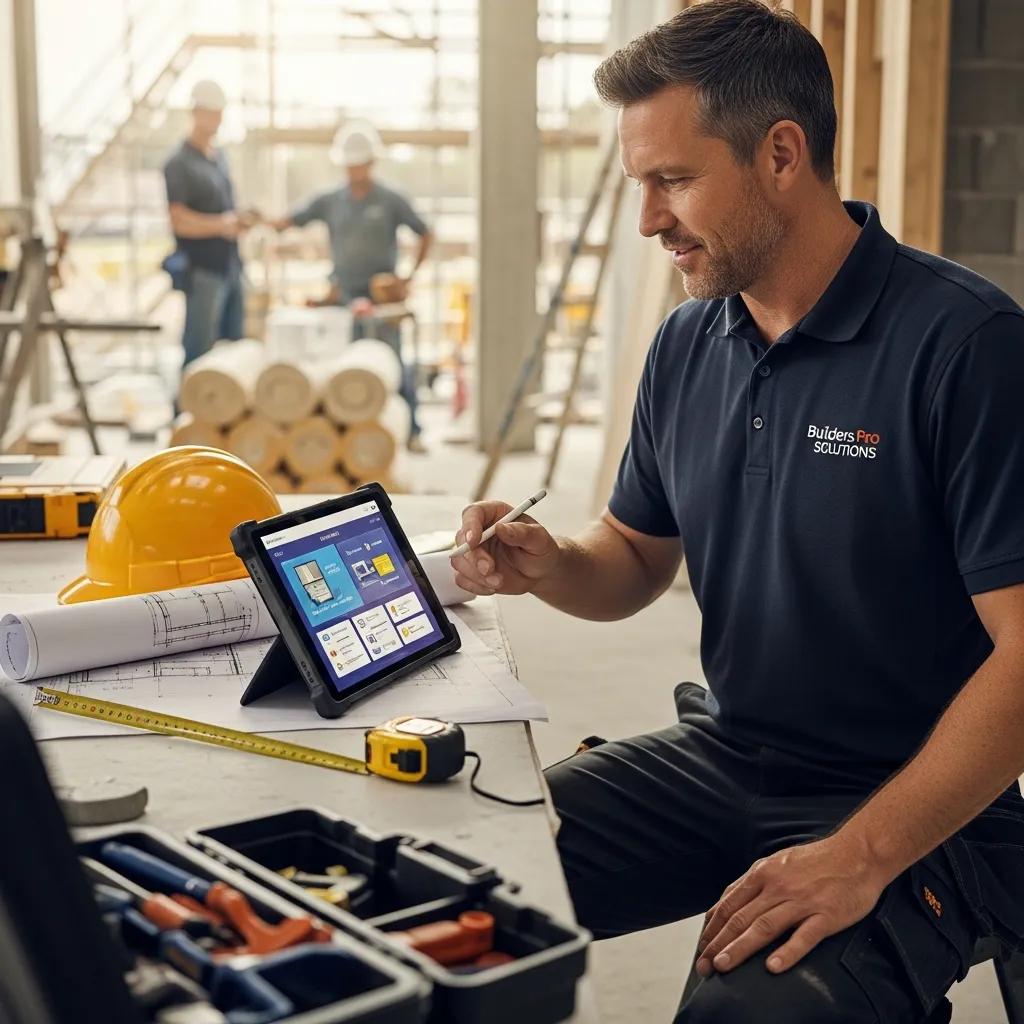 Contractor on a jobsite using a tablet — focused on sales routines and getting work scheduled