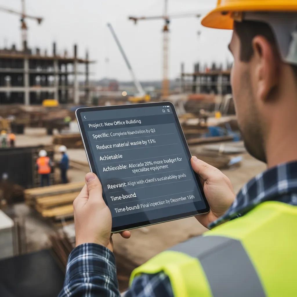 Tablet showing SMART goals framework on a job site
