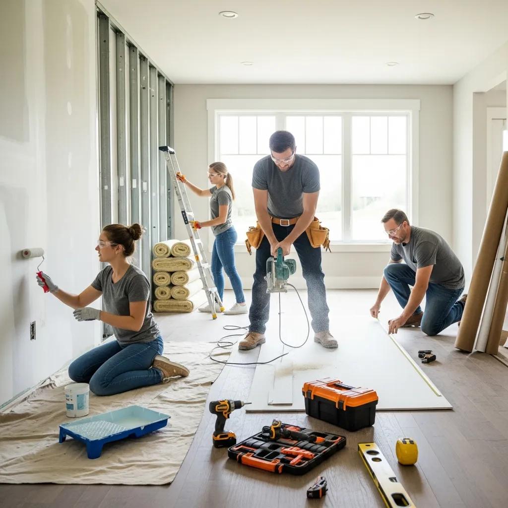 Contractors working together on a bright home renovation project with modern tools and materials