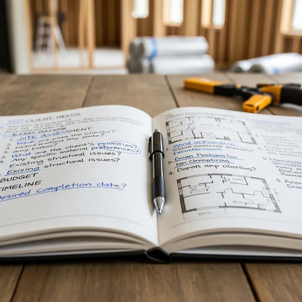 Open notebook listing effective discovery questions for home improvement contractors