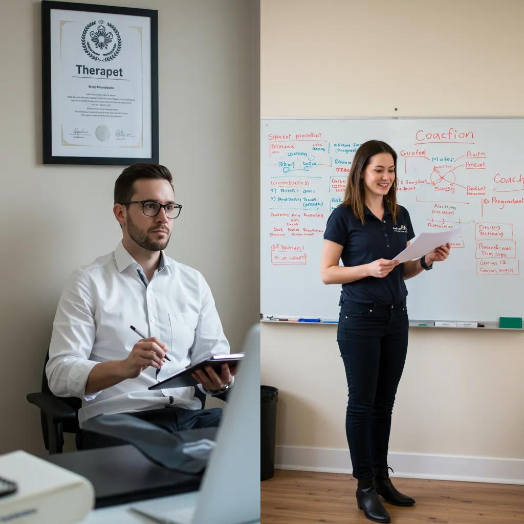 Contrasting environments of a therapist and a coach highlighting their qualifications and approaches Contrasting environments of a therapist and a coach highlighting their qualifications and approaches