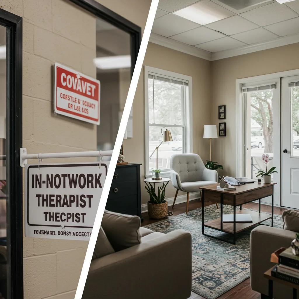 Contrasting therapy settings for in-network and out-of-network options, illustrating cost differences Contrasting therapy settings for in-network and out-of-network options, illustrating cost differences