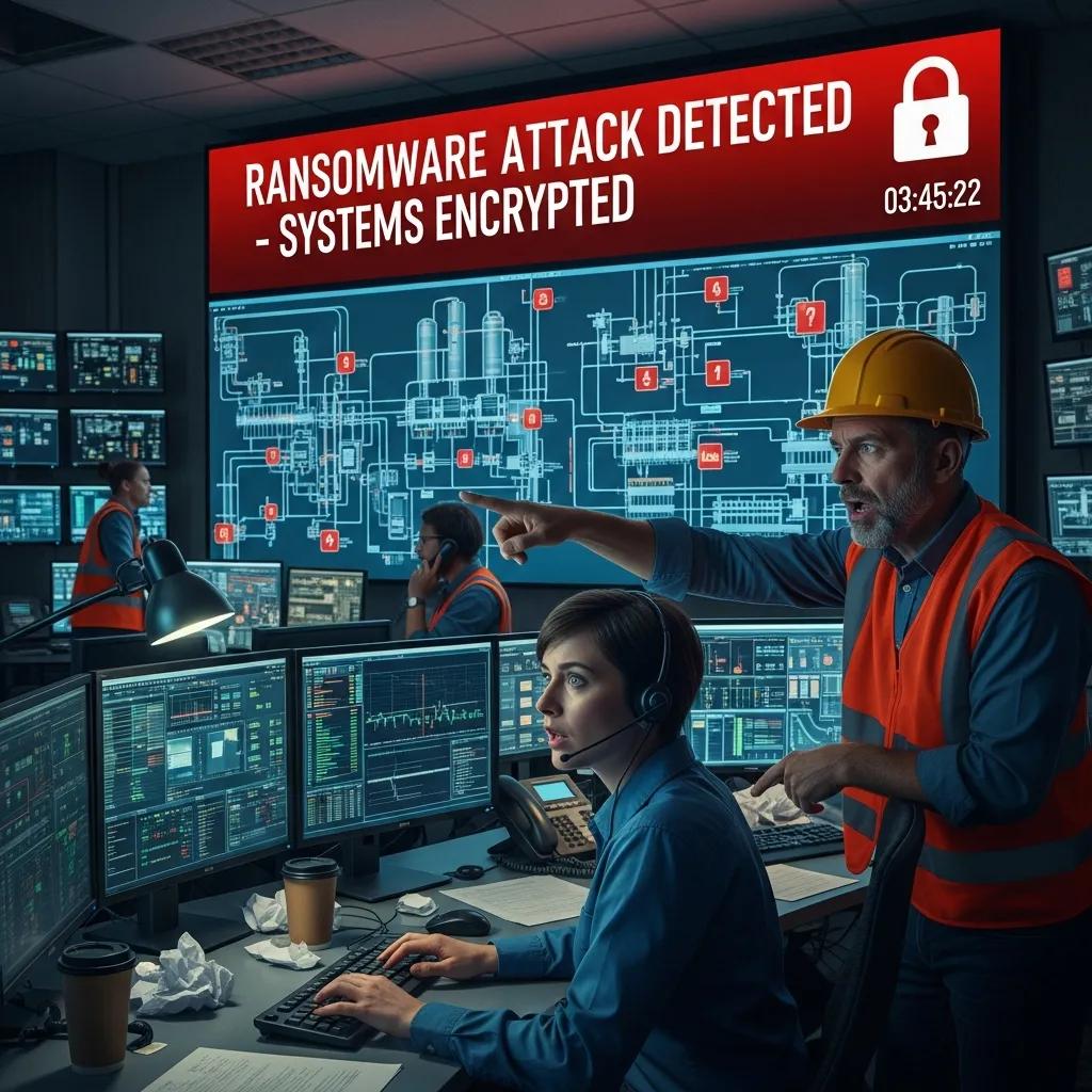 Industrial control room operators in safety helmets responding to ransomware cyber attack with large red alert showing systems encrypted and emergency protocols activated on SCADA displays