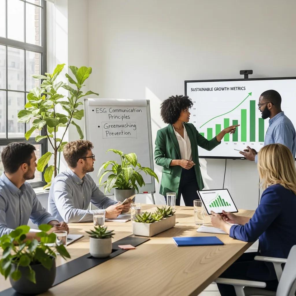 Professionals collaborating on sustainability strategy in a modern office