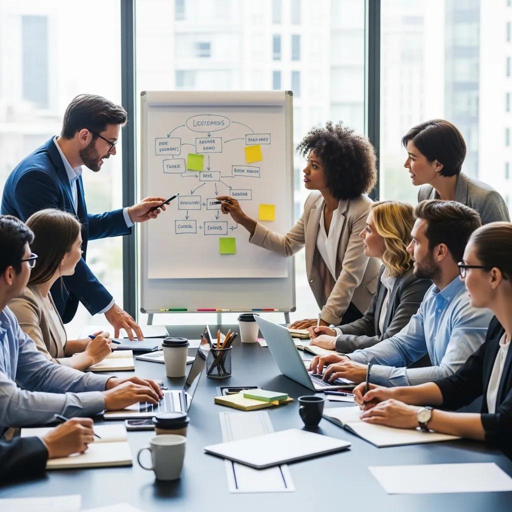 Corporate team engaged in a problem-solving workshop, showcasing collaboration and effective communication Corporate team engaged in a problem-solving workshop, showcasing collaboration and effective communication