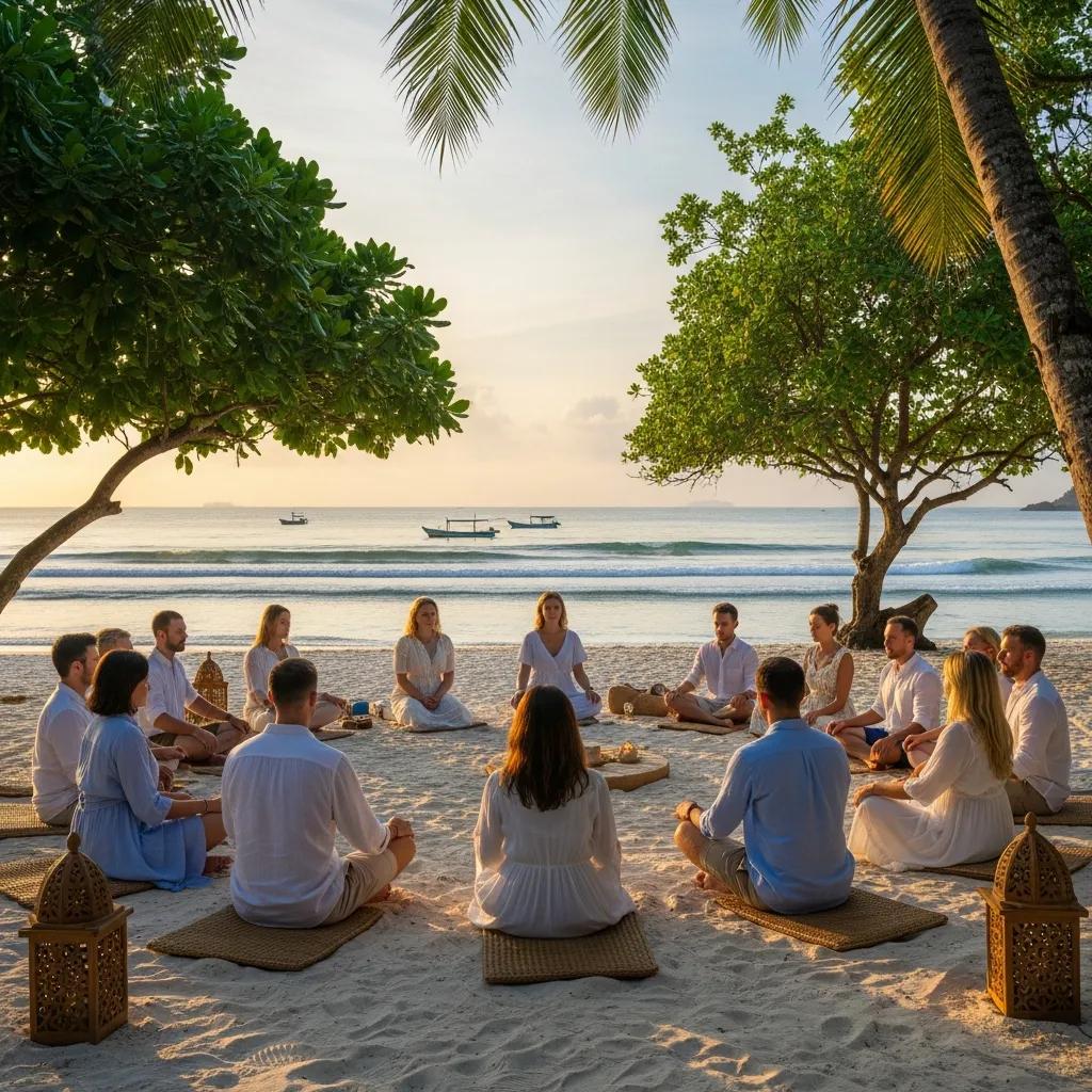 Corporate wellness retreat on a beach in Bintan with employees participating in a mindfulness session Corporate wellness retreat on a beach in Bintan with employees participating in a mindfulness session